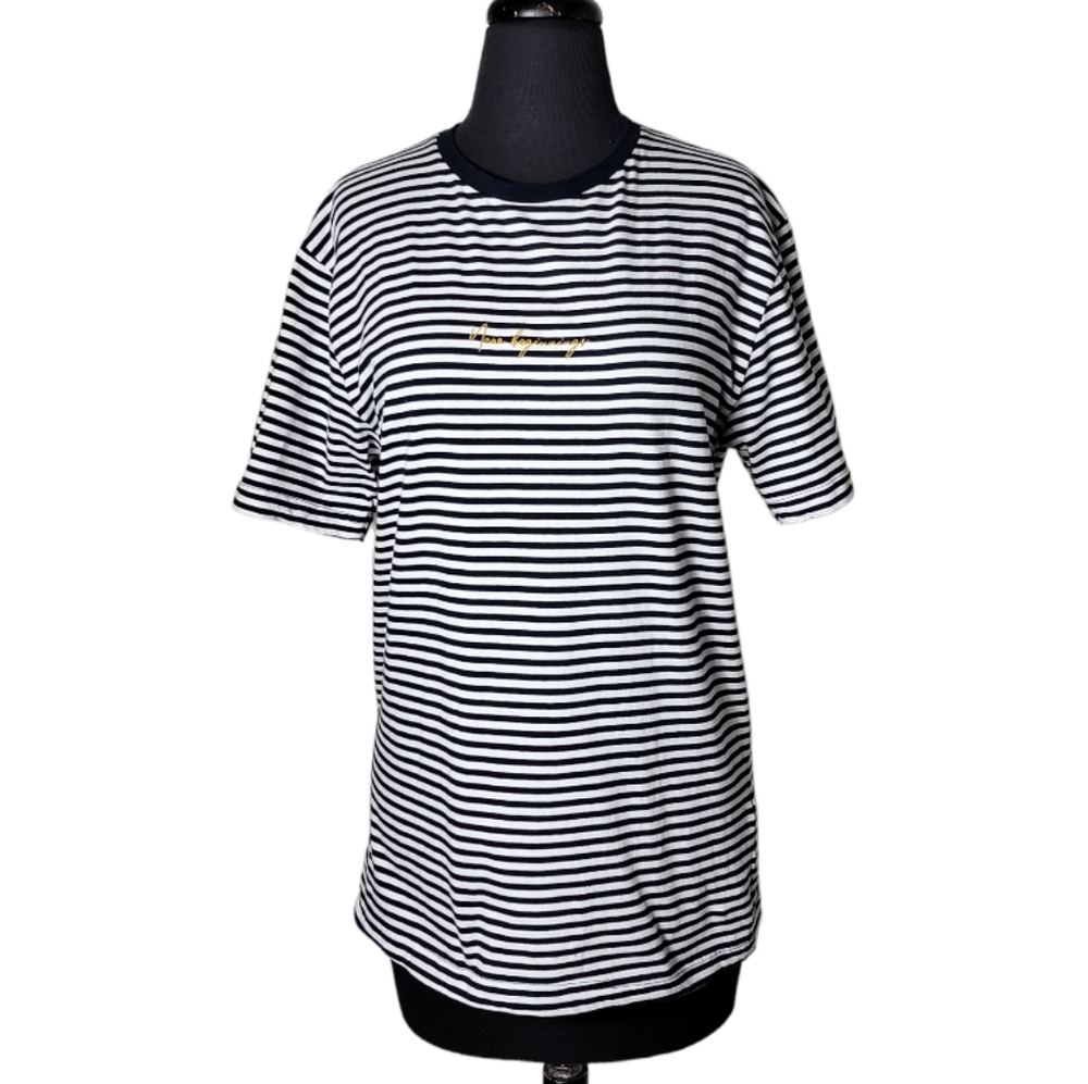 Denim & Flowers striped crewneck t shirt women's medium black white short sleeve